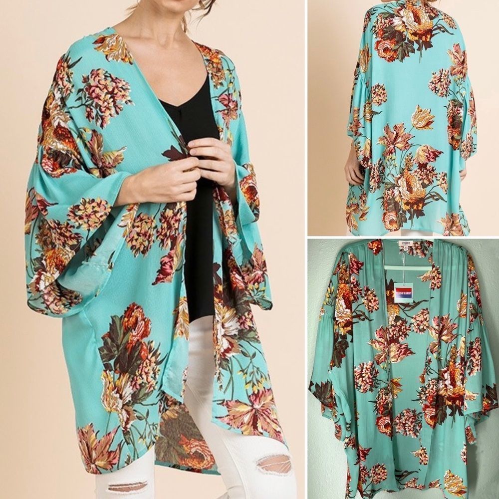 5️⃣2️⃣ Umgee Womens Kimono Mint Green Size M/L Medium Large Floral Flowe… - Picture 1 of 4